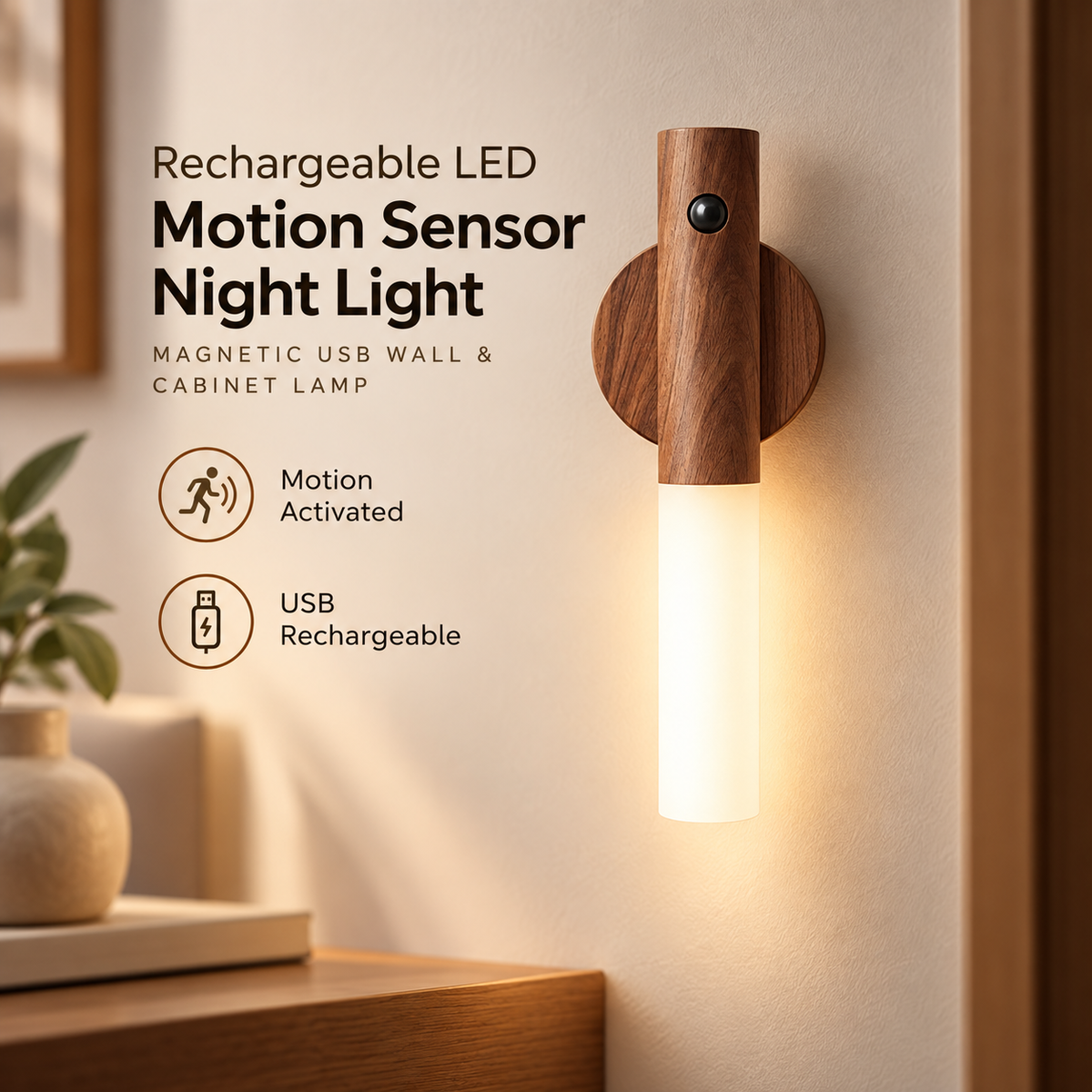 Rechargeable LED Motion Sensor Night Light – Magnetic USB Wall & Cabinet Lamp
