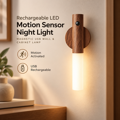Rechargeable LED Motion Sensor Night Light – Magnetic USB Wall & Cabinet Lamp