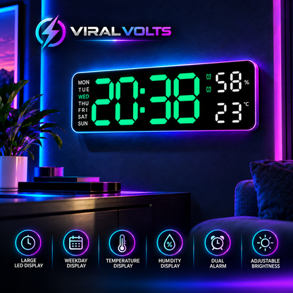 Digital LED Alarm Clock with Calendar & Thermometer, USB Powered, Desk or Wall